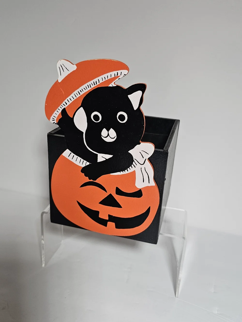 Michaels Halloween Black Cat Jack O Lantern Wooden Open Top Box Multi Use Holder